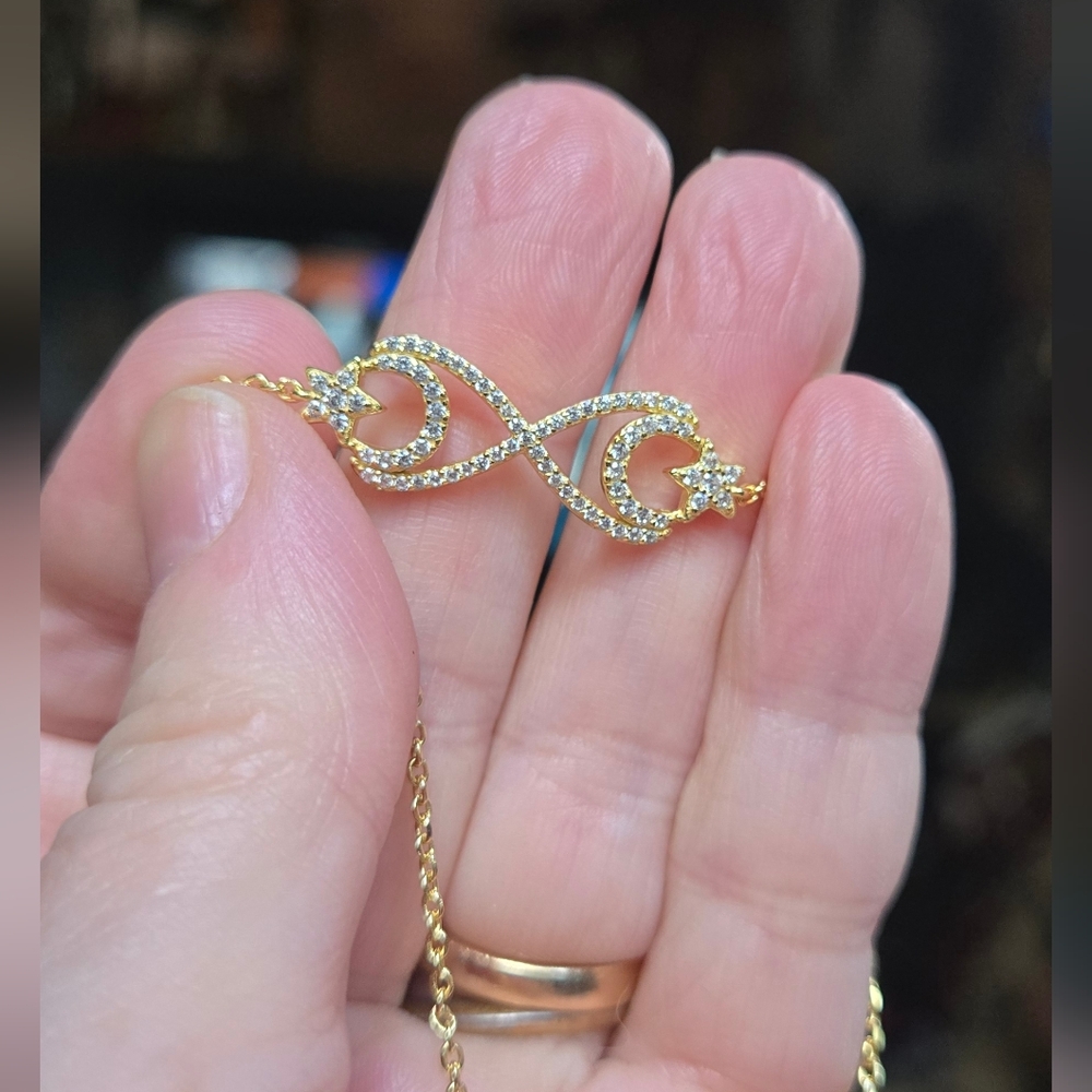 White Sapphire Sterling & Gold Infinity Crescent Moon & Star Bracelet 8" - Picture 5 of 10